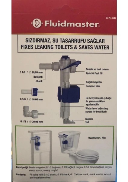 Vitra,Kale,Serel,Creavit,Bocci Uyumlu Flatör 747 Fluidmaster 3 Lü Montaj Seti İle Birlikte 1/2 Di 1/2 Dü 3/8 D