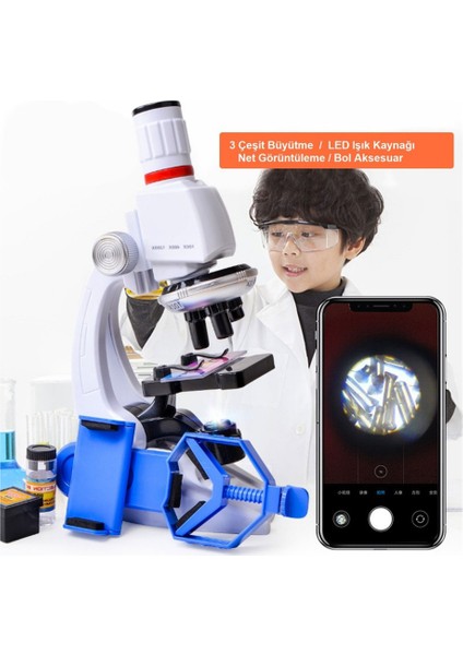 Çocuklar Için 1200X Mobil Uyumlu Eğitici Mikroskop Seti LED Işıklı