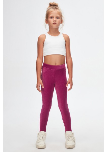 Mor Kız Çocuk Sahte Cepli Fitilli Kadife Tayt