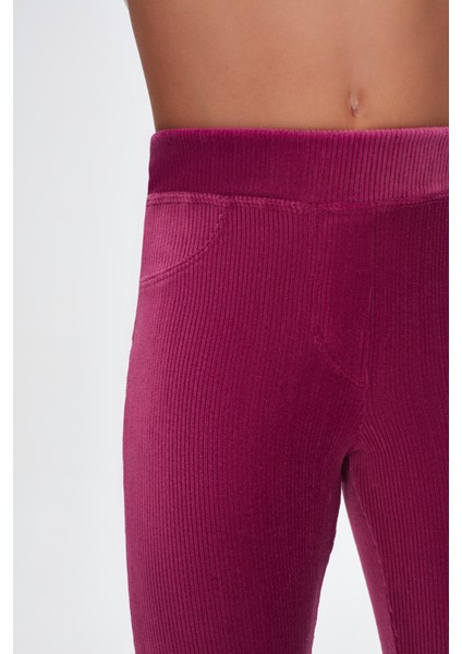 Mor Kız Çocuk Sahte Cepli Fitilli Kadife Tayt modelleri