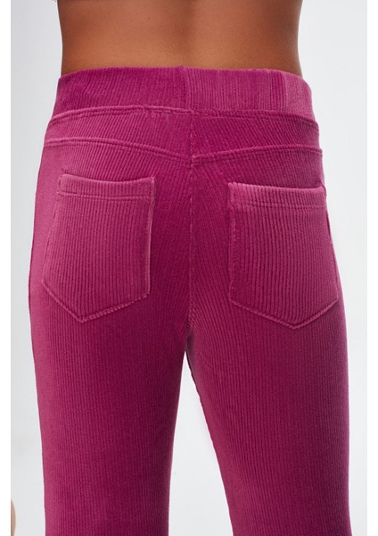 Mor Kız Çocuk Sahte Cepli Fitilli Kadife Tayt indirimleri