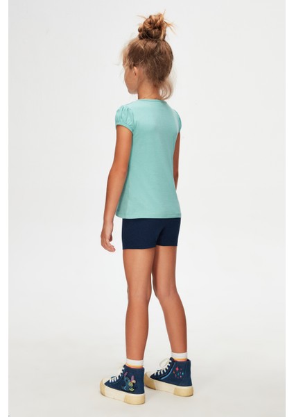 Çağla Yeşil Basic Kız Çocuk Sıfır Yaka Karpuz Kol Tişört modelleri