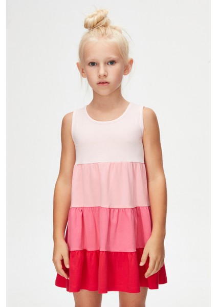 Uçuk Pembe-Fuşya Kat Kat Renkli Kız Çocuk Büzgülü Askılı Elbise modelleri