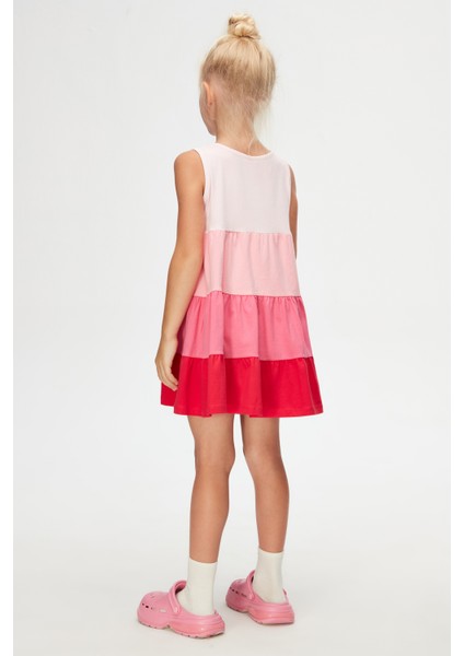 Uçuk Pembe-Fuşya Kat Kat Renkli Kız Çocuk Büzgülü Askılı Elbise indirimleri