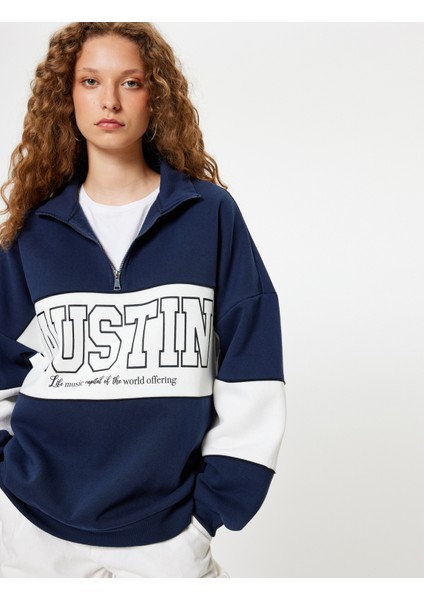 Oversize Sweatshirt Yarım Fermuarlı Kolej Baskılı Renk Bloklu Uzun Kollu Şardonlu