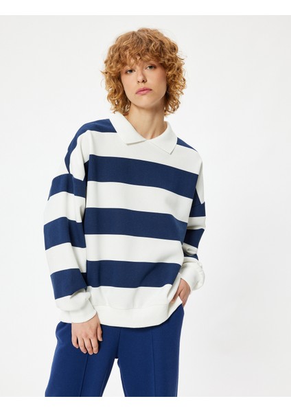 Polo Yaka Sweatshirt Oversize Renk Bloklu Uzun Kollu modelleri