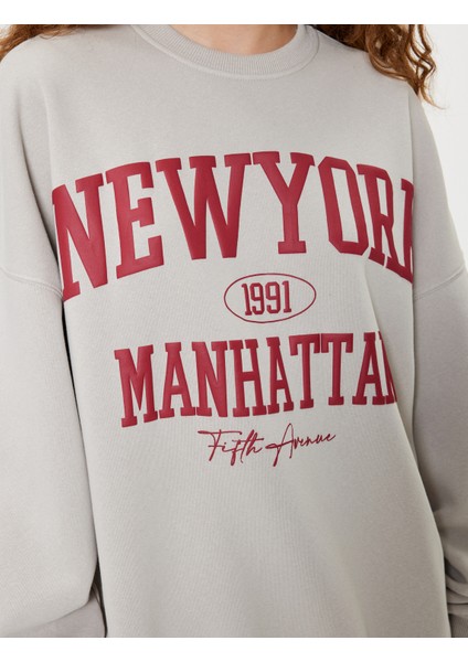 Oversize Sweatshirt Bisiklet Yaka Kolej Baskılı Uzun Kollu Şardonlu indirimleri