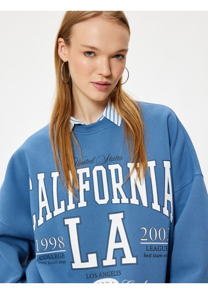 Oversize Sweatshirt Kolej Baskılı Uzun Kollu Bisiklet Yaka Şardonlu