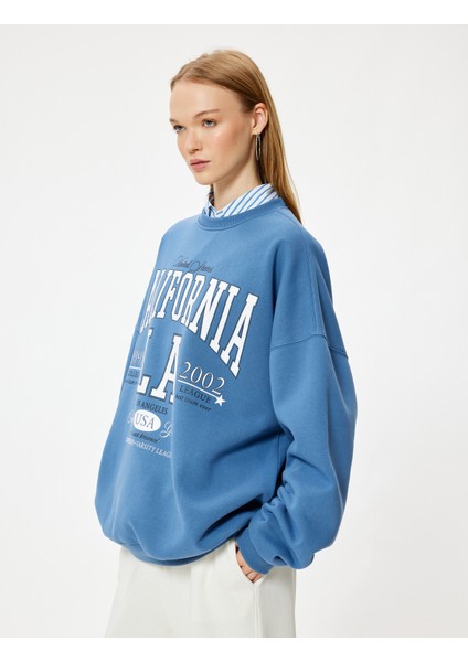Oversize Sweatshirt Kolej Baskılı Uzun Kollu Bisiklet Yaka Şardonlu
