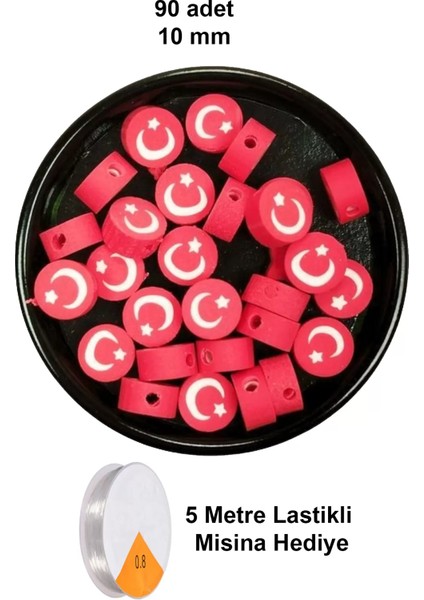90 Adet 10 mm Polimer Kil Fimo Boncuk Takı Bileklik + 5 Metre Lastikli Misina - Türk Bayrağı