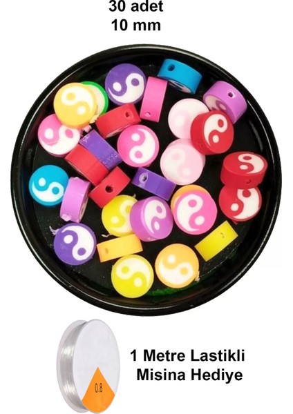 30 Adet 10 mm Polimer Kil Fimo Boncuk Takı Bileklik + 1 Metre Lastikli Misina - Renkli Yin Yang