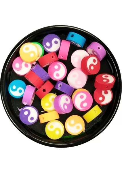 30 Adet 10 mm Polimer Kil Fimo Boncuk Takı Bileklik + 1 Metre Lastikli Misina - Renkli Yin Yang modelleri