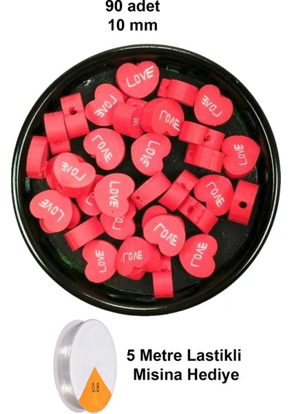 90 Adet 10 mm Polimer Kil Fimo Boncuk Takı Bileklik + 5 Metre Lastikli Misina - Kalp Love
