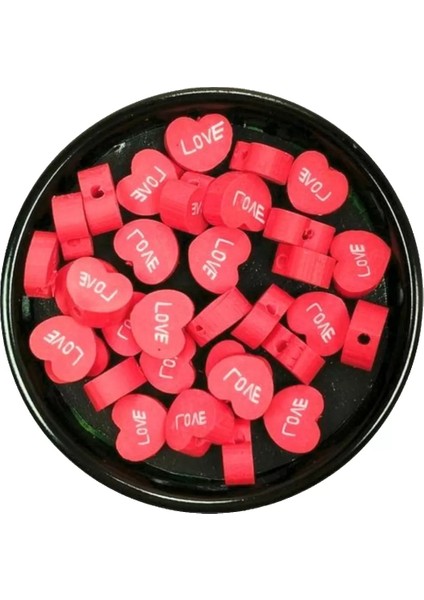 90 Adet 10 mm Polimer Kil Fimo Boncuk Takı Bileklik + 5 Metre Lastikli Misina - Kalp Love modelleri