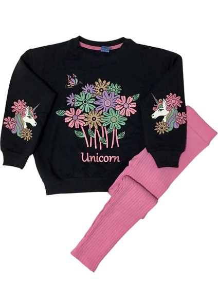 Kız Çocuk Pamuklu Full Likralı Kumaş Pembe Fitilli Taytlı Çiçekli Unicorn Figürlü Eşofman Takımı
