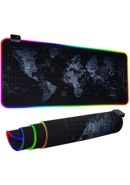 Rgb Işıklı Dünya Desenli Kaymaz Tabanlı Oyuncu Mouse Pad 80X30