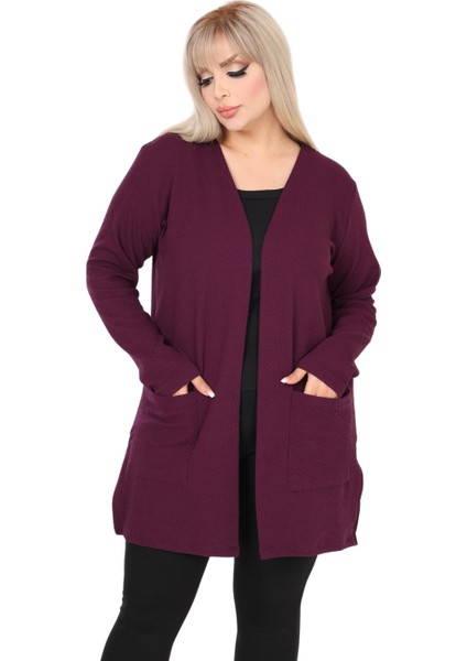 Butik Kadın Mor Büyük Beden Önü Açık Ceket Yaka Örme Kısa Hırka indirimleri
