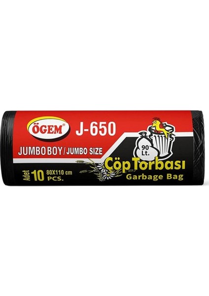 J-650 Jumbo Boy Çöp Torbası 80 x 110 cm 10'lu Rulo x 1 Paket = 10 Adet (Siyah)