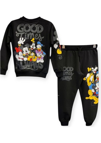 Kız Çocuk Pamuklu Mickey Mouse & Friends Figür Uzun Kollu Bisiklet Yaka Siyah yumuşak Eşofman Takımı