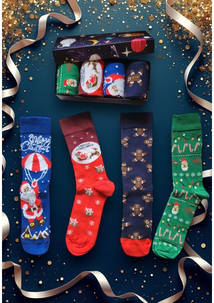 4'lü Yılbaşı Çorabı Noel Christmas Temalı Unisex Soket Çorap Karışık Kadın ve Erkek Hediye Kutulu 102