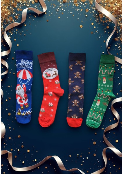 4'lü Yılbaşı Çorabı Noel Christmas Temalı Unisex Soket Çorap Karışık Kadın ve Erkek Hediye Kutulu 102