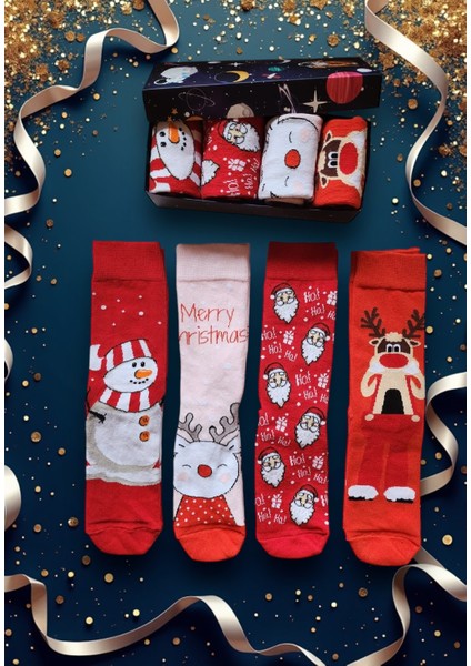 4'lü Yılbaşı Çorabı Noel Christmas Temalı Unisex Soket Çorap Karışık Kadın ve Erkek Hediye Kutulu 105