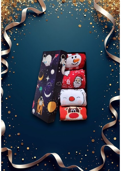 4'lü Yılbaşı Çorabı Noel Christmas Temalı Unisex Soket Çorap Karışık Kadın ve Erkek Hediye Kutulu 105