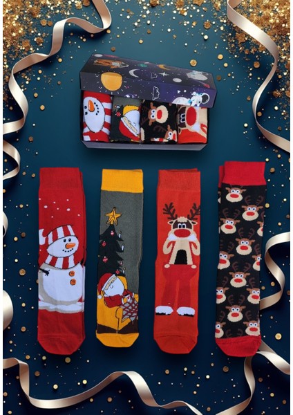 4'lü Yılbaşı Çorabı Noel Christmas Temalı Unisex Soket Çorap Karışık Kadın ve Erkek Hediye Kutulu 106