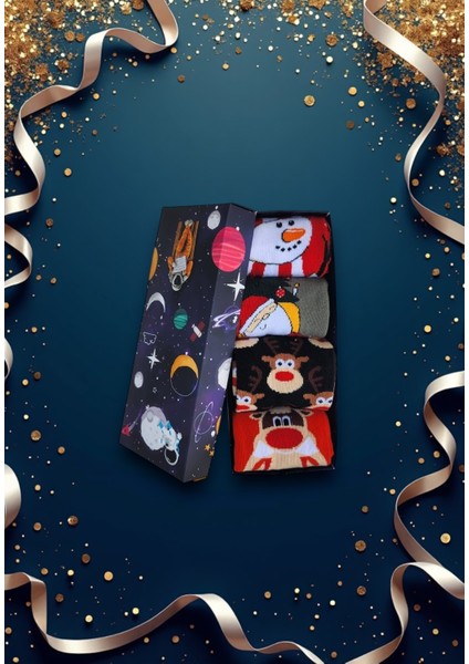 4'lü Yılbaşı Çorabı Noel Christmas Temalı Unisex Soket Çorap Karışık Kadın ve Erkek Hediye Kutulu 106 modelleri