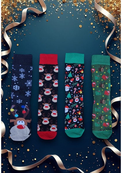 4'lü Yılbaşı Çorabı Noel Christmas Temalı Unisex Soket Çorap Karışık Kadın ve Erkek Hediye Kutulu 118