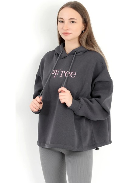 Kadın Füme Free Nakışlı Stoperli 3 Iplik Kapüşonlu Sweatshirt Hoodie - 5082