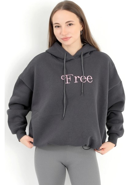 Kadın Füme Free Nakışlı Stoperli 3 Iplik Kapüşonlu Sweatshirt Hoodie - 5082