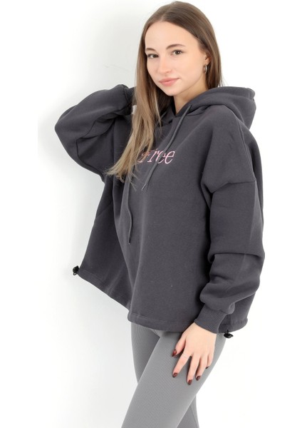 Kadın Füme Free Nakışlı Stoperli 3 Iplik Kapüşonlu Sweatshirt Hoodie - 5082