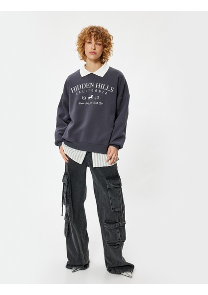 Polo Yaka Sweatshirt Oversize Kolej Baskılı Uzun Kollu fiyatları