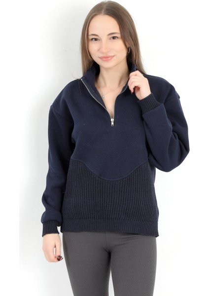 Kadın Lacivert Dik Yaka Triko Detaylı Yarım Fermuarlı Sweatshirt - 5087