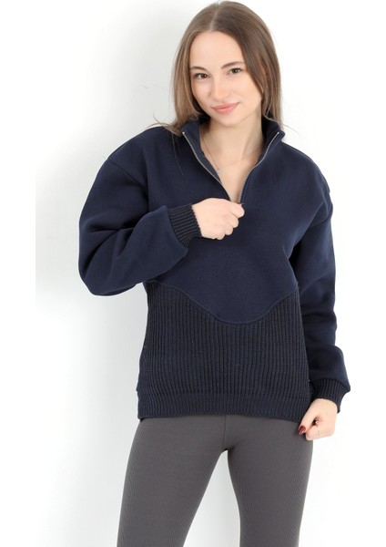 Kadın Lacivert Dik Yaka Triko Detaylı Yarım Fermuarlı Sweatshirt - 5087 fiyatları