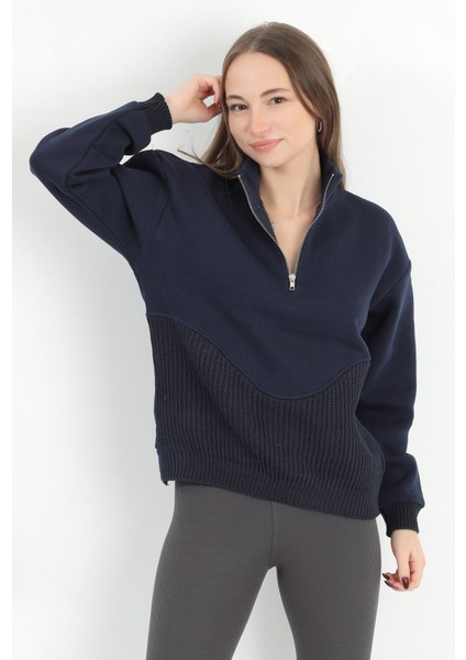 Kadın Lacivert Dik Yaka Triko Detaylı Yarım Fermuarlı Sweatshirt - 5087 modelleri