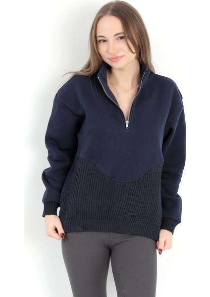 Kadın Lacivert Dik Yaka Triko Detaylı Yarım Fermuarlı Sweatshirt - 5087 fırsatları