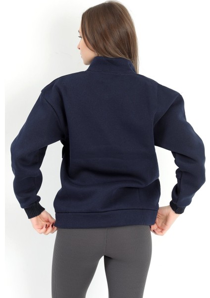 Kadın Lacivert Dik Yaka Triko Detaylı Yarım Fermuarlı Sweatshirt - 5087 indirimleri