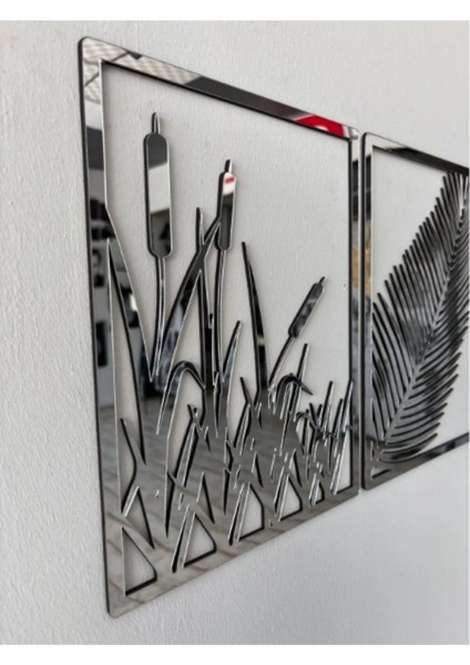 Tekno Trust Yaprak ve Sazlık 3'lü Tablo Mdf Üzeri Gümüş Pleksi Duvar Dekorasyon Her Biri 35X25 cm