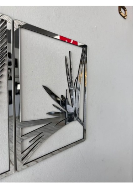 Tekno Trust Yaprak ve Sazlık 3'lü Tablo Mdf Üzeri Gümüş Pleksi Duvar Dekorasyon Her Biri 35X25 cm