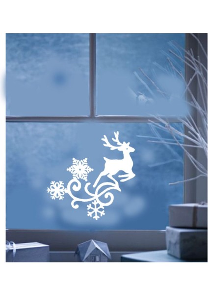 Tekno Trust Yılbaşı Süslemesi Geyik Kar Tanesi Desenli Sticker Yapıştırma 50X50CM - Beyaz fırsatları