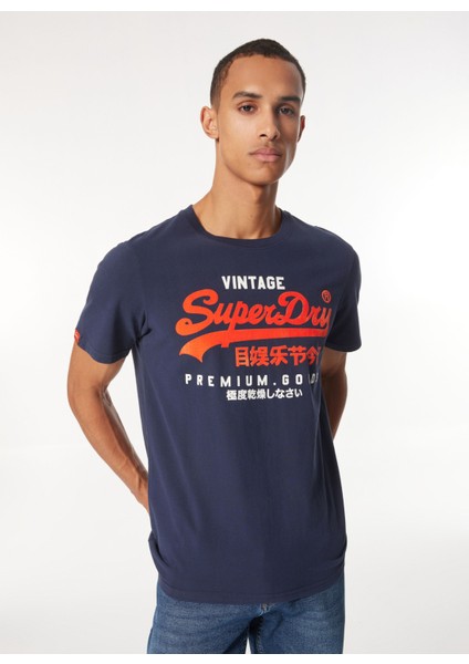 Bisiklet Yaka Lacivert Erkek T-Shirt M1012001AZRN_DUO Vıntage Logo T Shı