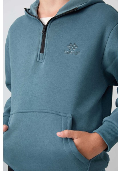 Erkek Çocuk Kapüşonlu Pamuklu Fermuar Yaka Yumuşak Dokulu Nakışlı Sweatshirt 11244 Orman Yeşili fiyatları