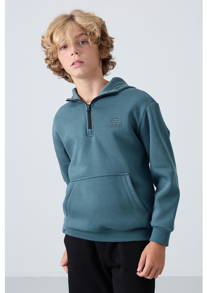 Erkek Çocuk Kapüşonlu Pamuklu Fermuar Yaka Yumuşak Dokulu Nakışlı Sweatshirt 11244 Orman Yeşili modelleri