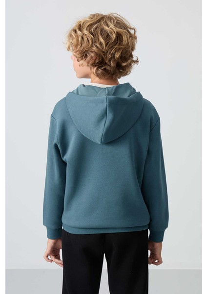Erkek Çocuk Kapüşonlu Pamuklu Fermuar Yaka Yumuşak Dokulu Nakışlı Sweatshirt 11244 Orman Yeşili fırsatları