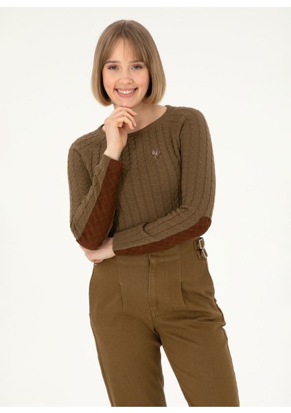 Bisiklet Yaka Slim Fit Haki Kazak Kadın