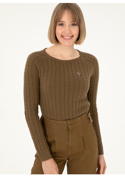 Bisiklet Yaka Slim Fit Haki Kazak Kadın modelleri