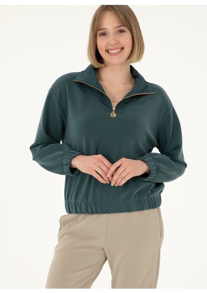 Dik Yaka Koyu Yeşil Kadın Sweatshırt Ramı