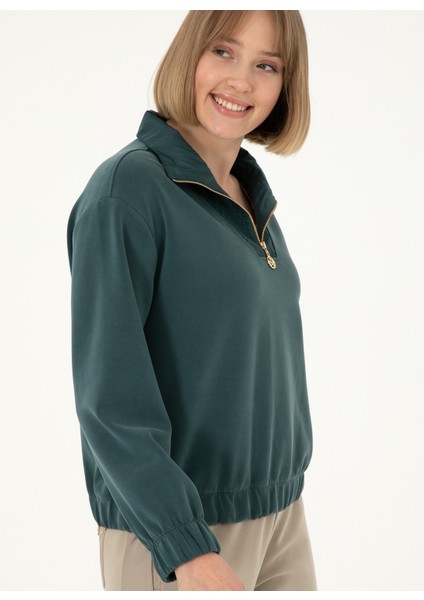 Dik Yaka Koyu Yeşil Kadın Sweatshırt Ramı modelleri